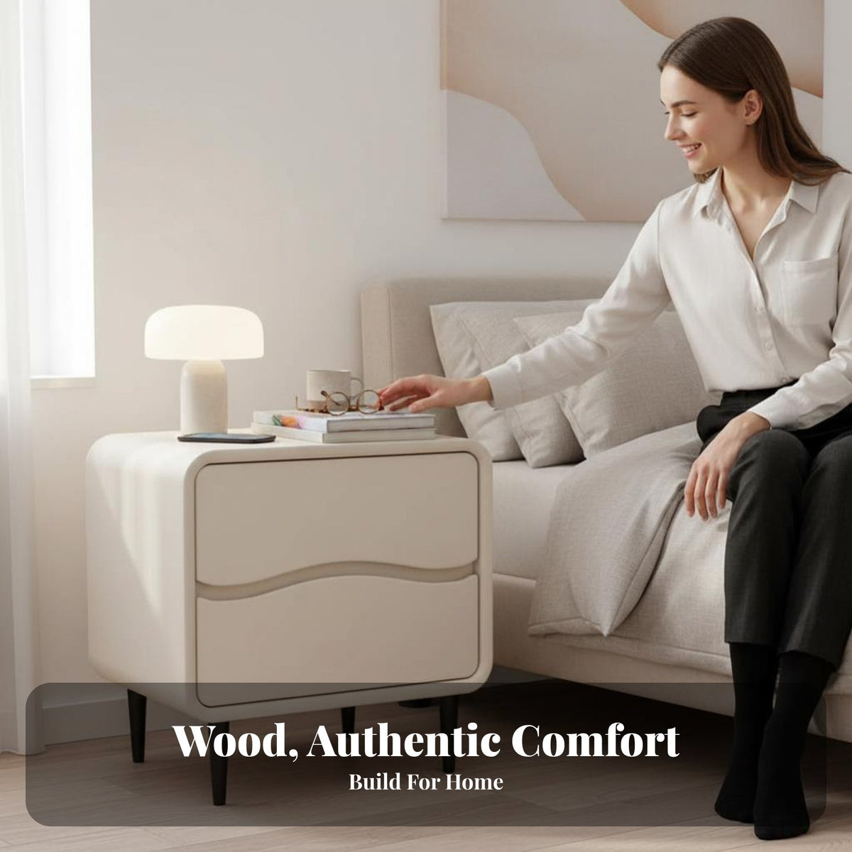 Fluted Drawer Nightstand Rounded Corners Wavy Front Cabinet Ample Storage