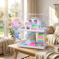 Large Hamster Cage with Built-in Tunnels, Large Three Layer Drawer Cage with Acrylic Tray, Easy Transparent Acrylic Habitat for Dwarf Hamsters