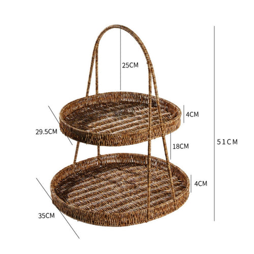 2 Tier Woven Tray Multi Layer Rattan Fruit Basket Decorative for Afternoon Tea
