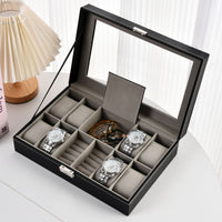 PU Leather Watch Storage Box with Window, Multiple Slots
