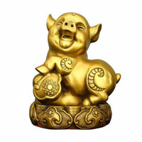 Pig Statue with Base Gold-Toned Astrological Ornament Cute for Shelf, Cabinet