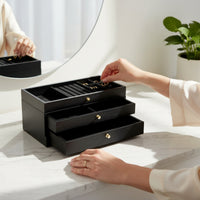 Three-Drawer Jewelry Box with Transparent Lid Rectangular Jewelry Box with Drawers Wood-Grain Container Compact for Women, Vanity, Dresser, Bedside Table