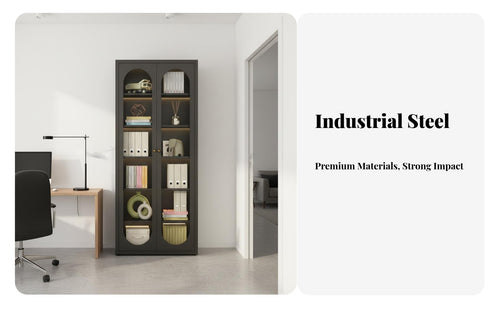 Cream Design Floor Standing Bookcase Dustproof Design Steel Storage Cabinet Large Capacity Tall Bookshelf with Doors Multifunctional for Book Lovers, Homeowners, Interior Decorators, Living Room, Home Office, Bedroom, Hallway