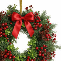 Christmas Wreath for Front Door, Artificial Christmas Wreath with Red Berries and Bow, Handmade Festive Decor for Door Wall Fireplace Mantel