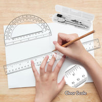 3-Piece Plastic 12-Inch Ruler, Transparent Protractor and Compass Set for Student Geometry, Durable