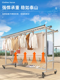 304 Stainless Steel Outdoor Floor-Standing Foldable Mobile Clothes Drying Rack with Windproof Design for Balcony