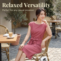 Ladies Summer Dresses for Women, Sleeveless Midi Style Linen Beach Wear with Round Neckline and Tie Detail, Flared Casual Outfit