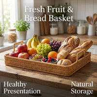 Woven Serving Tray with Handles, Rustic Wicker Snack Display, Iron Frame, Breakfast Serving Basket, Light Coffee Rattan Tray