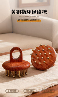 Pure Brass and Wood Head Massage Comb Portable Scalp Scraping Meridian Brush