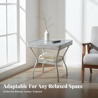 Square Woven End Table with Glass Top Minimalist Design Outdoor Furniture Space-Saving Easy to Clean for Adults, Balcony, Garden