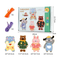 4 Pieces Punched Holes Animal Lacing Board Printed Faces Wooden Threading Board Fine Motor Skills Educational Toy Hand-Eye Coordination
