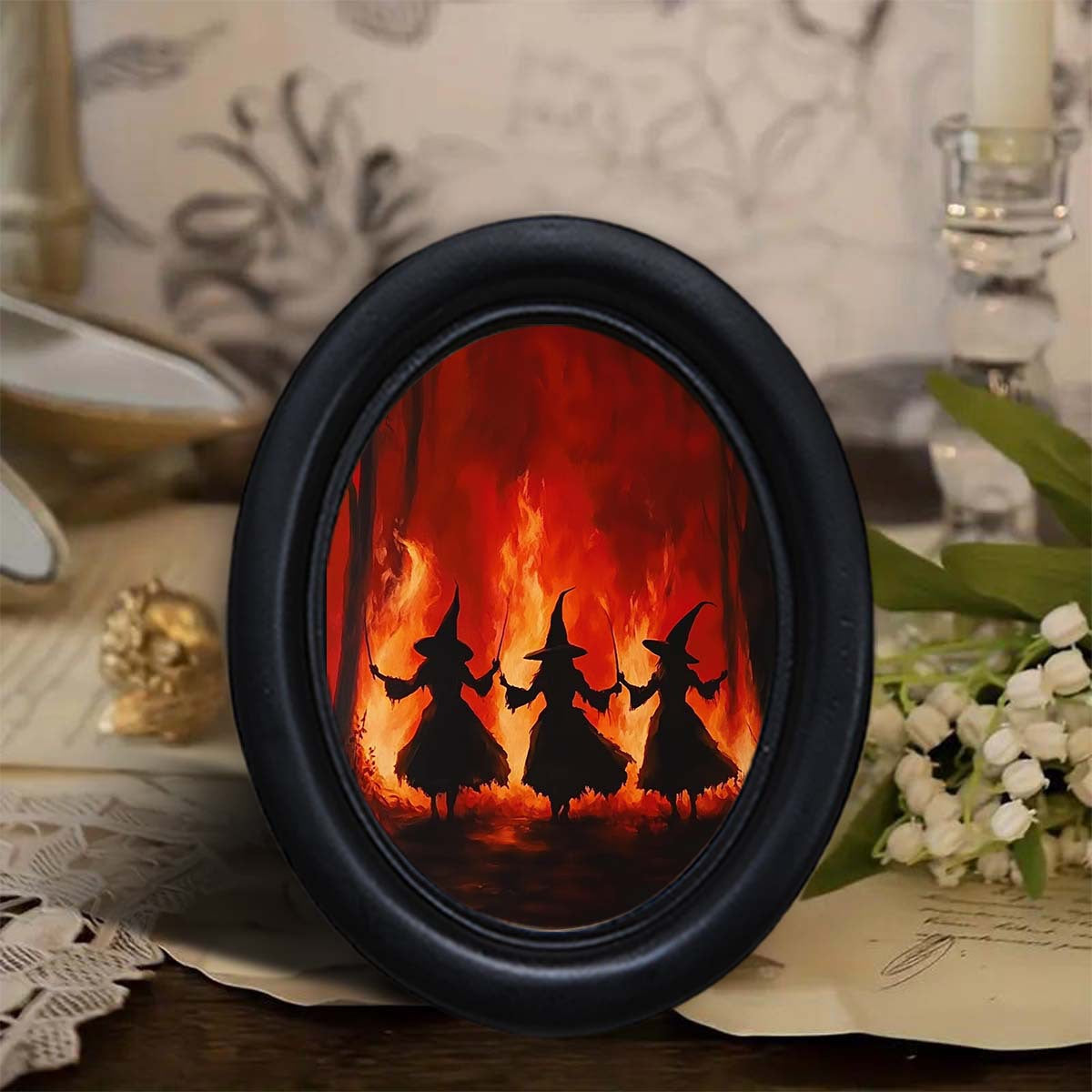 Halloween Witch Wooden Picture Frame for Desk, Living Room, Dining Room, Entryway