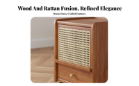 Rattan Nightstand Mobile with Wheels Rolling Rattan-Front Cabinet Narrow Design Sturdy Wood Legs for Renters, Homeowners