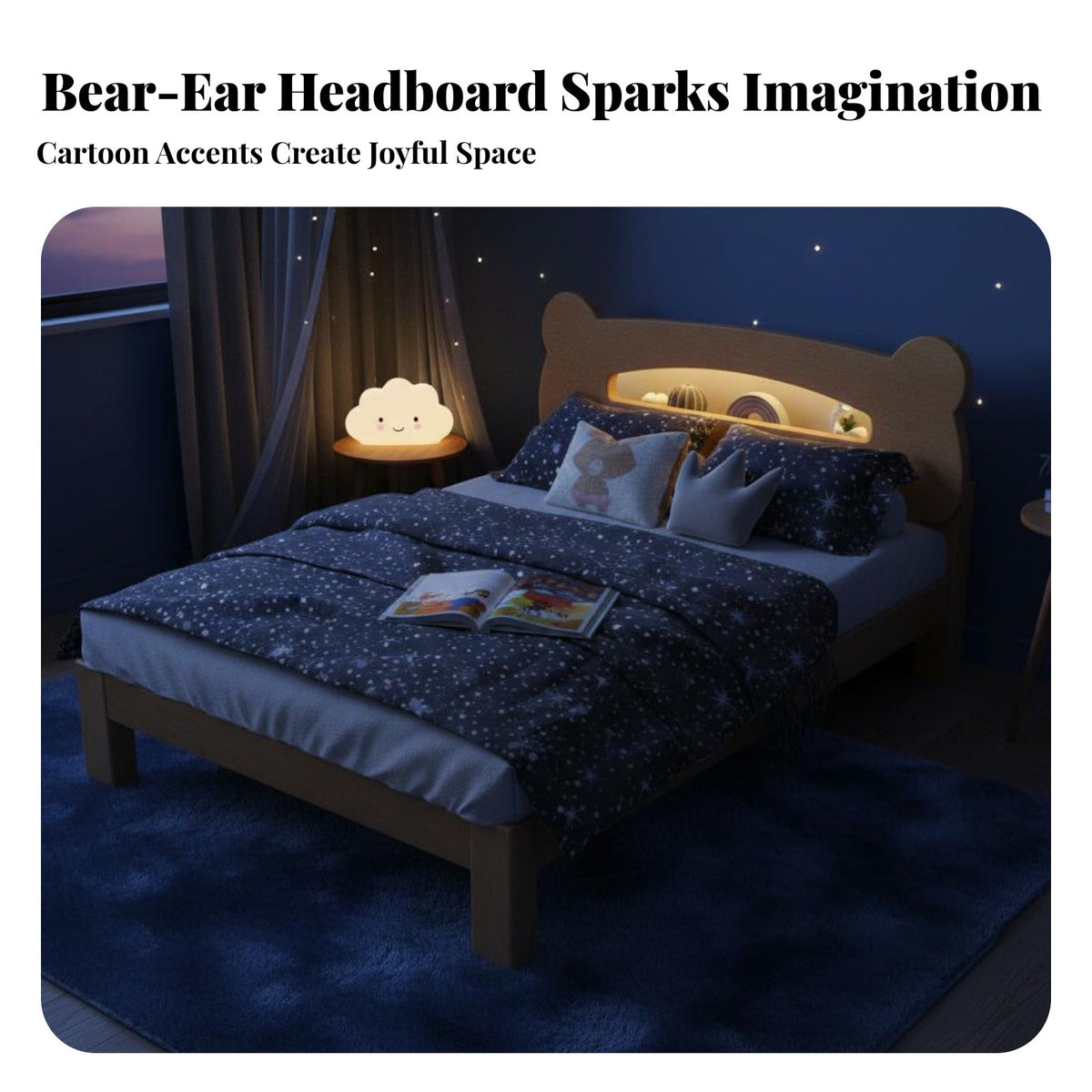 Childrens Wood Bed Built-in Lighting Solid Wood Bed Frame No Box Spring Needed Bedroom Furniture for Guests, Adults, Guest Room, Apartment
