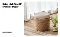 Antique design and aesthetic Round Woven Top Stool sturdy Wood Frame Low Backless Seat Multi-Functional Small Bench adaptable for Adults, Families, households, Living Room, Entryway, Bedroom, Balcony