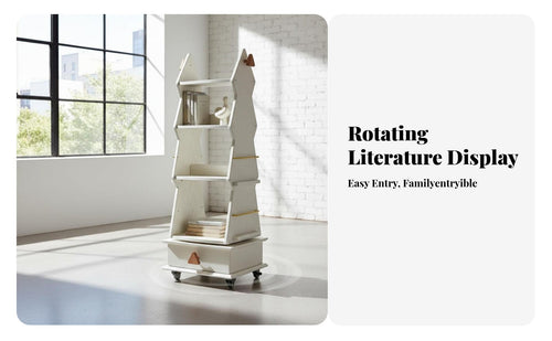 360-Degree Rotation 4-Tier Rotating Bookshelf Space-Saving Design 4-Tier Rotating Book Cart Mobile with Wheels Bookcase Child-Friendly Height for Children, Toddlers, Playroom, Nursery, Small Areas, Bedroom