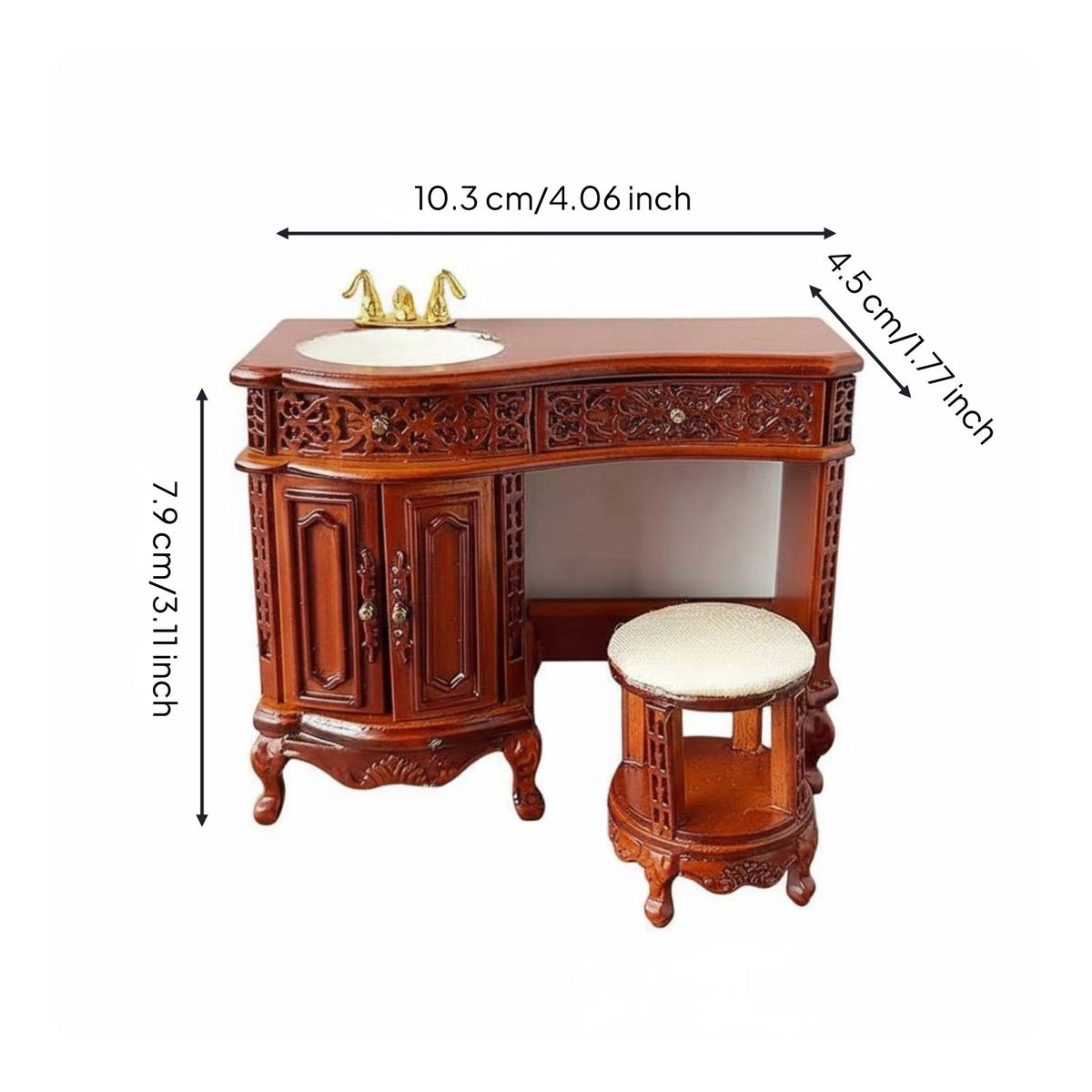 1:12 Scale Vanity and Stool Collectible Model Wooden Dollhouse Washstand Set Realistic Design Carved Dollhouse Vanity for Collectors