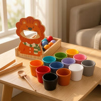 Natural Wood Feeding Toy with Lion Board Preschool Color Matching Toy with Cups and Balls Child-Centered Wooden Sorting Game with Scooping Tools Hand-Eye Coordination for Preschoolers