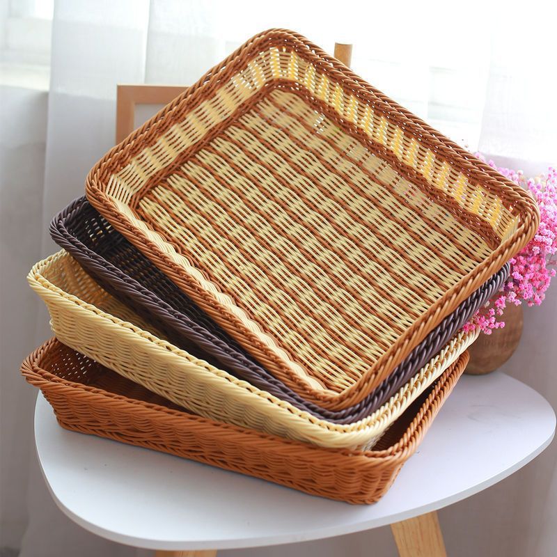 Rectangular Food Serving Basket Rectangular Woven Basket Easy to Clean Imitation Rattan Tray for Hotels, Supermarket, Tabletop, Buffet Display