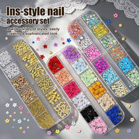12-Grid Nail Art Mixed Gold and Silver Steel Balls, Pearls, Alloy and Colored Five-Petal Flower Charms