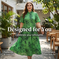 Plus Size Floral Maxi Dress with Three Quarter Sleeves for Women, Round Neck Flared Wedding Guest for Summer, Extended Sizes
