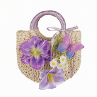 Woven Straw Handbag Floral Decoration Women's Accessory Structured