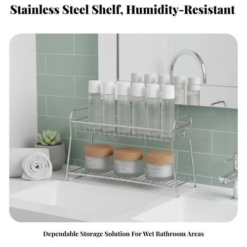 2-Tier Bathroom organizer Space Saving 2-Tier Wire Basket Shelf Sturdy Construction