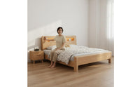 Minimalist Wooden Bed Frame Mortise and Tenon Joinery Solid Wood Bed with Storage Headboard for Guest Room