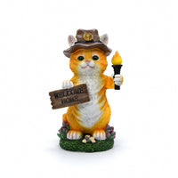 Cat Figurine with Solar Light Resin Cat Figurine with Welcome Sign Outdoor