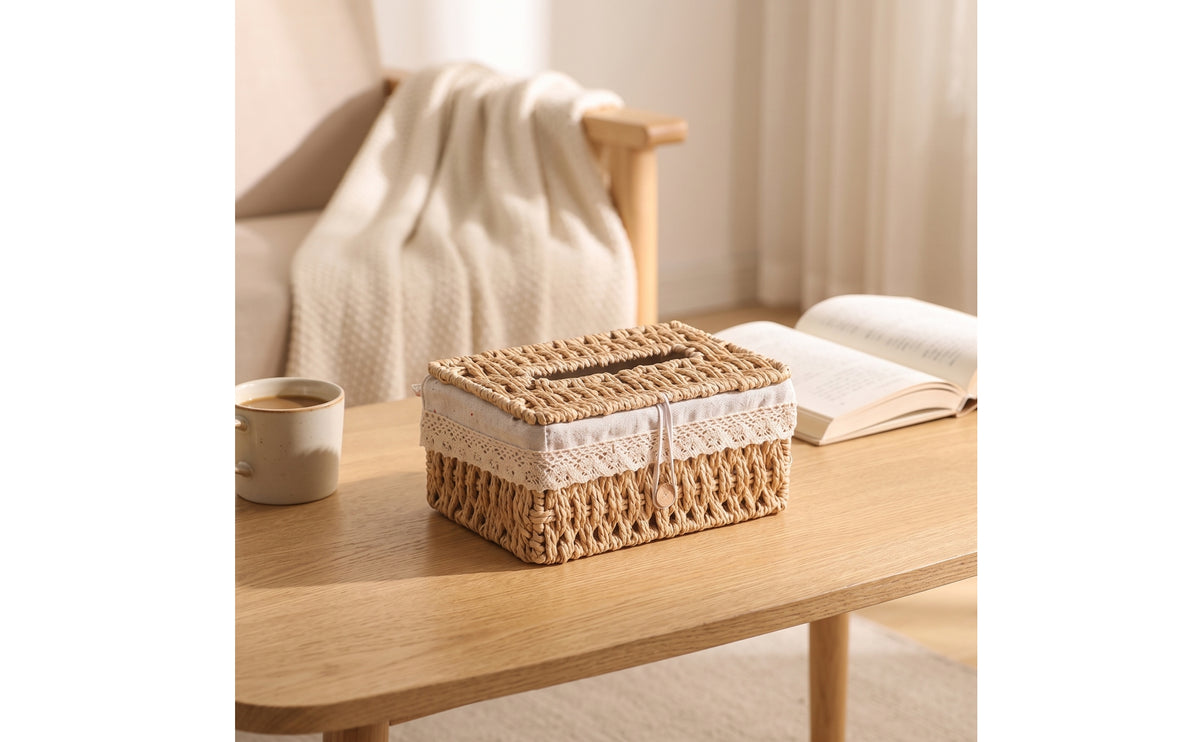 Tissue Box Cover Woven Tissue Box Holder Rattan-Style for Desk