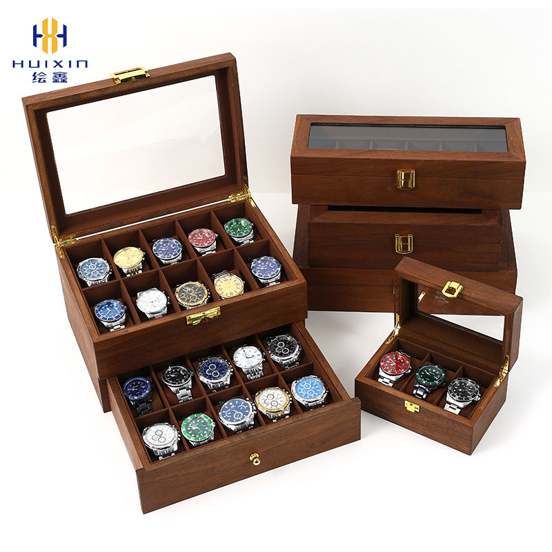 Walnut Wood Watch Storage Box with Window and Lock for Men and Women, Home Use