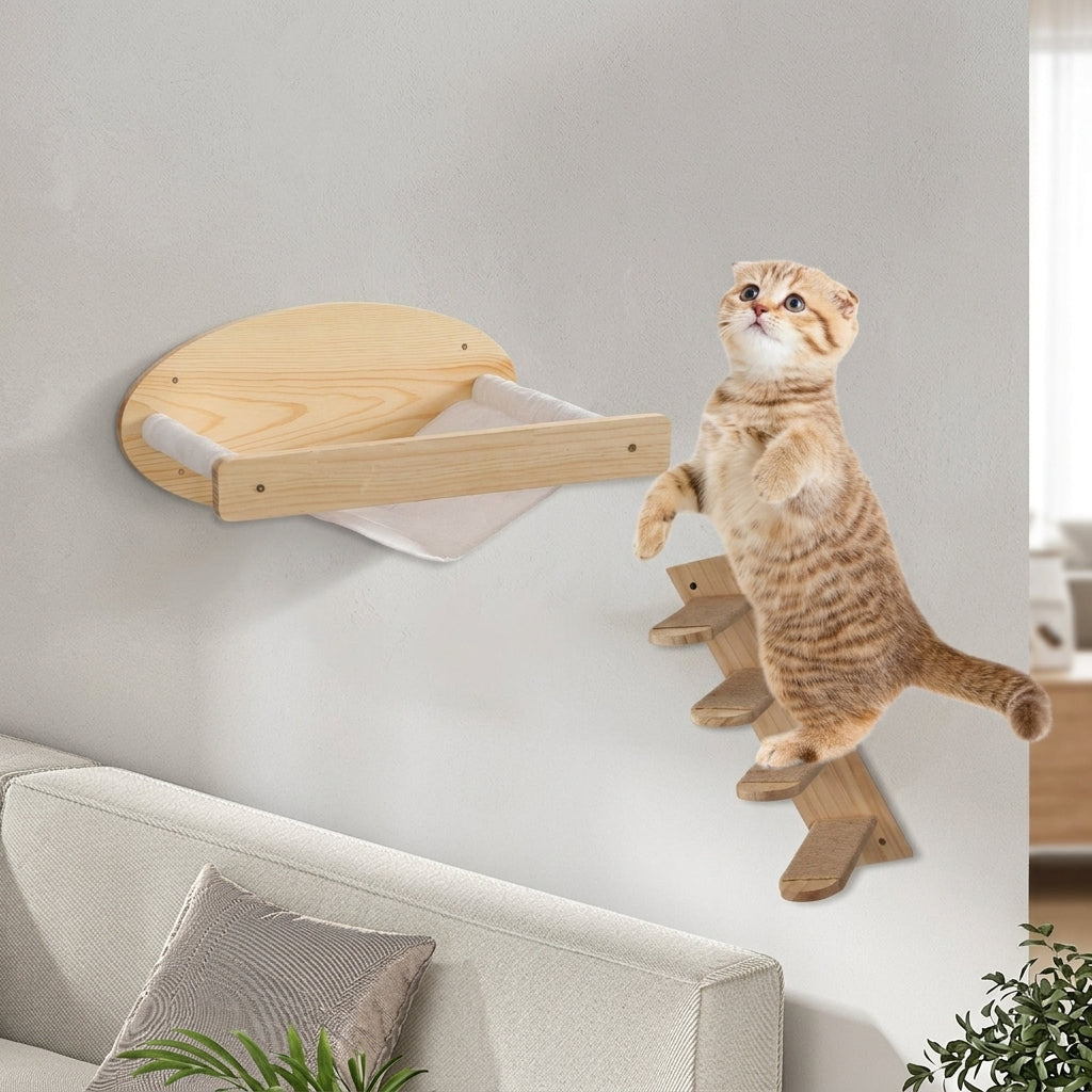Cat Hammock Wall Mounted Bed, Solid Wood Perch for Indoor Adult Cats, Space Saving Shelves, Elevated Window Rest for Small Pets, 3kg Capacity