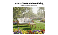 4 Pieces sturdy Wood Frame 4-Piece Conversation Group Woven elements Patio Set Weather-Resistant Garden Seating Minimalist Design for Families, Homeowners, Adults, Balcony, rearyard, Porch, waterside