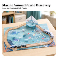 Sea-Life Ocean Track Toy Underwater Graphics Fishing Puzzle Playset Blue and Teal Wooden Train Track Set Modular Pieces for Kids
