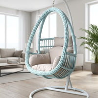 Double Hanging Egg Chair, 105x196cm Outdoor Garden Egg Chair with Stand, PE Rattan Basket Design & Olefin Cushion