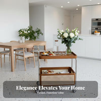 Dual-Level Rattan Trolley Vintage Aesthetic Mobile Side Table Woven Shelves Space-Saving for Hosts, Living Room, Bedroom