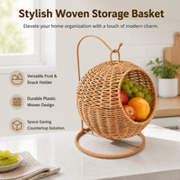 Wicker Hanging Fruit Basket, Rattan Basket for Kitchen Storage, Brown Cartoon Design Woven Decor