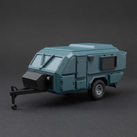 Blue-Gray Rugged-Road Travel Trailer Caravan Model Angular Body Miniature Caravan Model Single Axle Molded Panel Lines