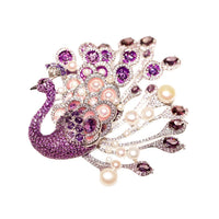 Luxury Freshwater Pearl Peacock Brooch with Amethyst and Zircon, Original Design