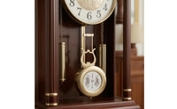 Chinese-Style Vintage Pendulum Clock Arched Crown Wood Wall Clock Stepped Base Home Decor Gold-Toned Detailing