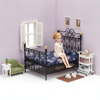 Dollhouse Bed with Mattress 1/12 Scale Miniature Metal Bed Wrought-Iron Style