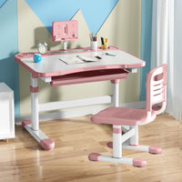Tiltable Desktop Adjustable Kids Desk and Chair Set Rounded Edges Ergonomic Children Study Table Built-in Storage Ergonomic Kids Writing Table Split Backrest for Homeschooling