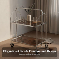 Easy Mobility Foldable Glass Cart Multi-Functional Rolling Serving Cart Versatile Wheeled Beverage Trolley Locking Wheels for Apartment Dwellers, Entertainers, Home Decor Enthusiasts, Living Room, Kitchen, Parties, Bedroom