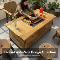 Timeless Earthy Design Coffee Table Indoor Outdoor Use Aged Elm Wood Table Multifunctional Home Furniture for Tea Lovers, Homeowners, Camping, Patio