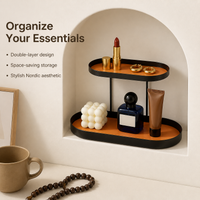 Black Metal Two Tier Tray, Oval Storage Tray with Leather Trim, 20x15.5x17cm Console Table Display Stand