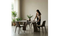 Walnut-Toned Stone Top Table with Wood Base Minimalist Stone Dining Table Long-Lasting Furniture Rectangular for Kitchen