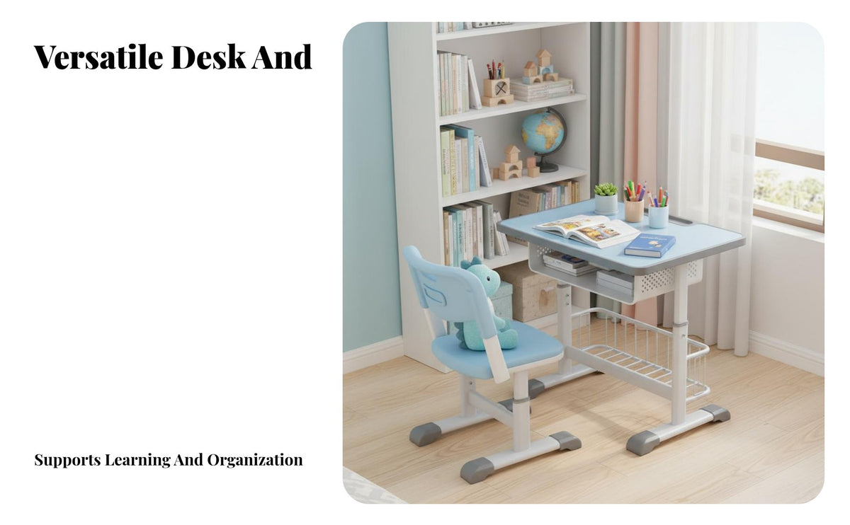 Kids Desk and Chair Set Height Adjustable Study Desk Rounded Corners children's Writing Table for Children, Girls, Classroom, Home, Bedroom