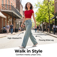 Women's Jeans High Waisted with Embroidered Details, Non Stretch Thick Denim Trousers for Casual and Travel Outfits, Wide Leg
