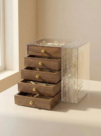 5-Layer Acrylic Jewelry Box with Walnut Wood Grain and Hanging Racks