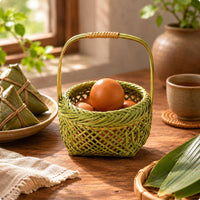 Woven Bamboo Basket Handmade Round Wicker Tray Lattice Weave